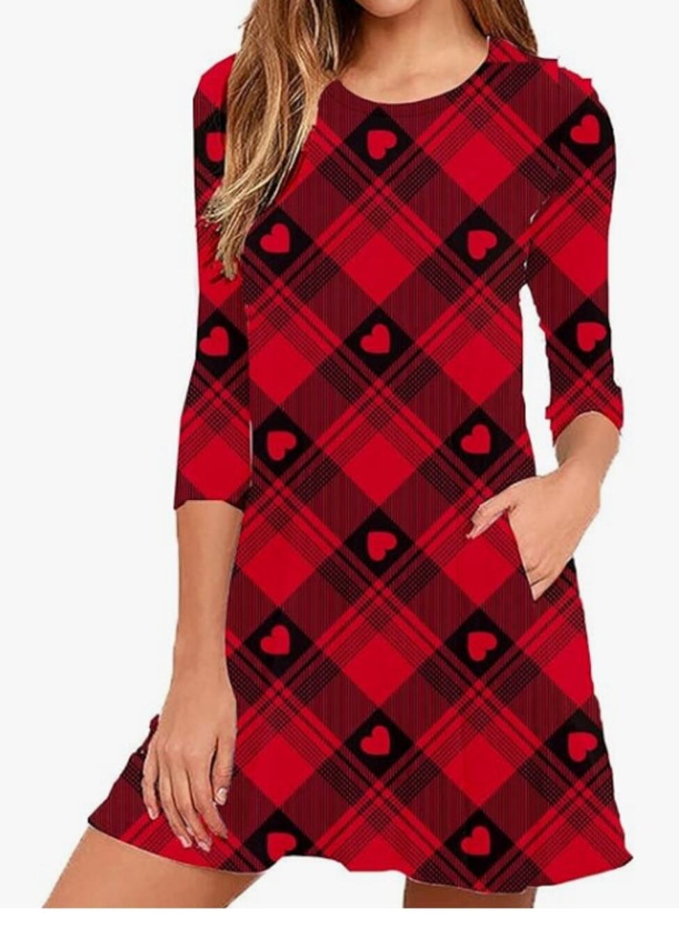 Roshop Heart and Plaid Crew Neck with Pockets Dress NWT Size M